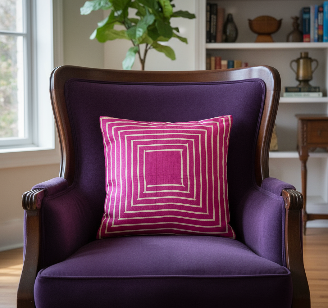 Purple armchair with a pink and white striped pillow in a room with a bookshelf and plant.