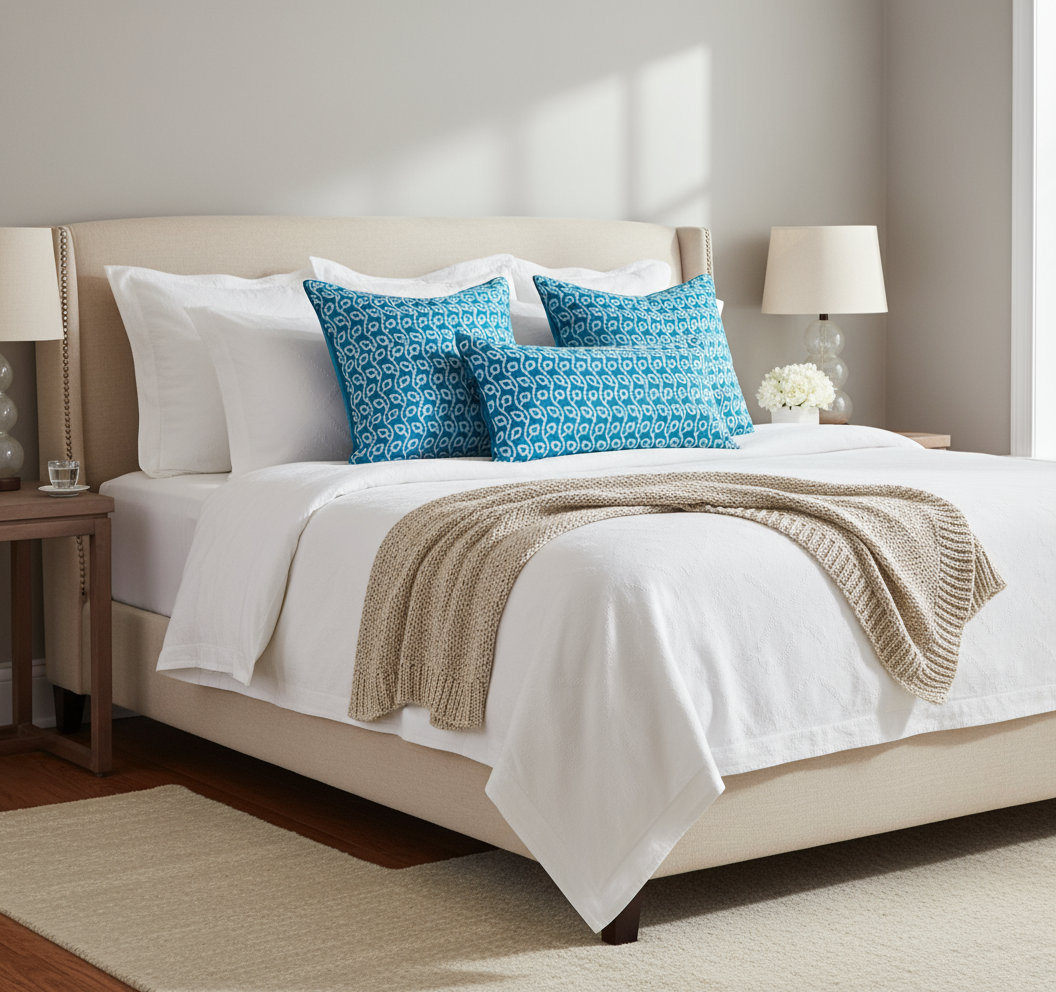 Bedroom with a bed featuring white sheets, blue patterned pillows, and a beige blanket.