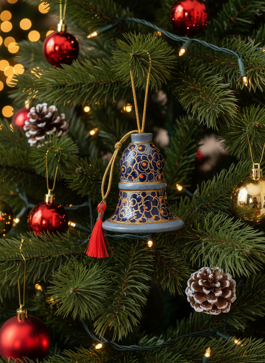 Decorative bell ornament on a Christmas tree with red and gold baubles.