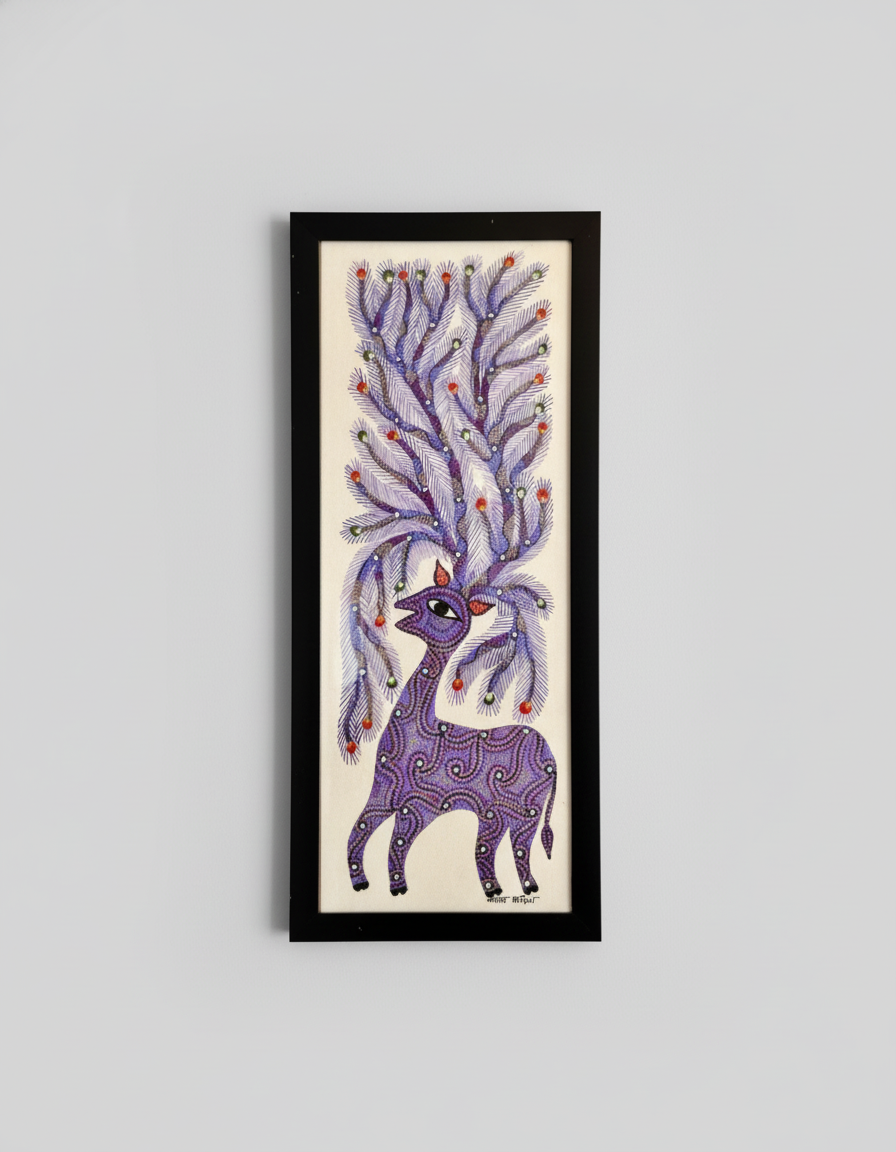 Framed artwork of a purple deer with a tree-like antler design on a gray background