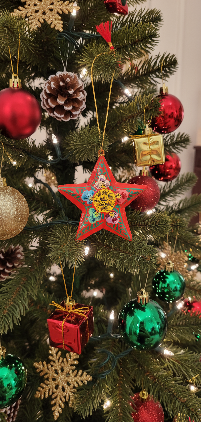 Decorated Christmas tree with colorful ornaments including a red star, green balls, and red berries.