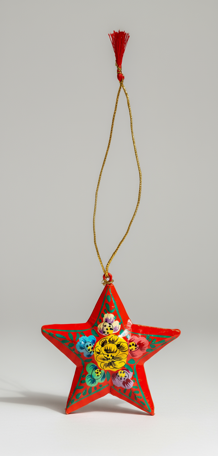 Decorative star ornament with colorful design and tassel on a gray background