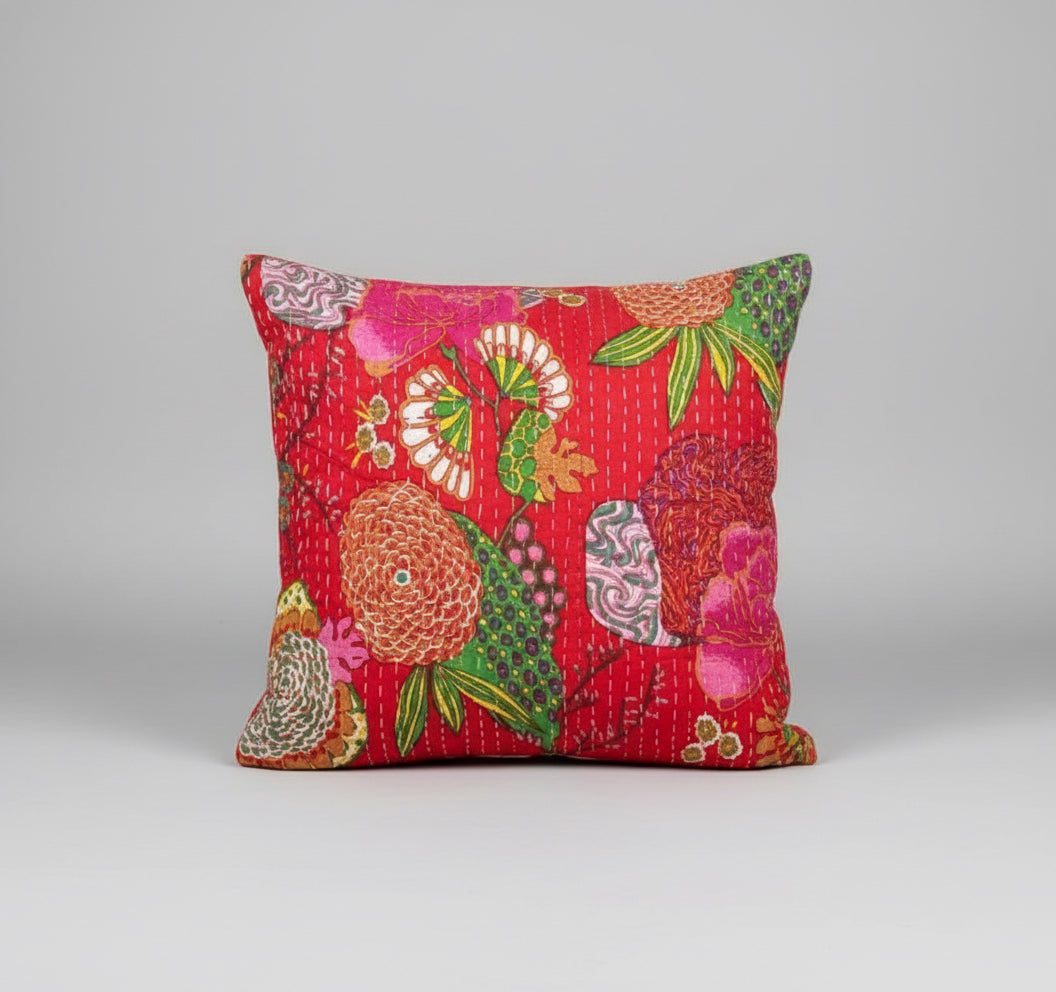 Colorful floral patterned fabric on a dark surface