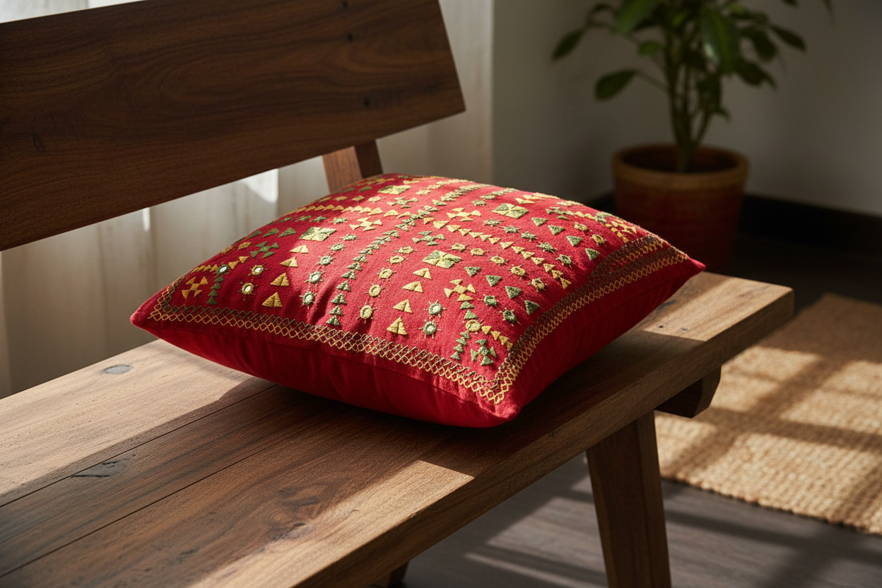 Red Kutchi embroidered pillow on a wooden bench with a plant in the background