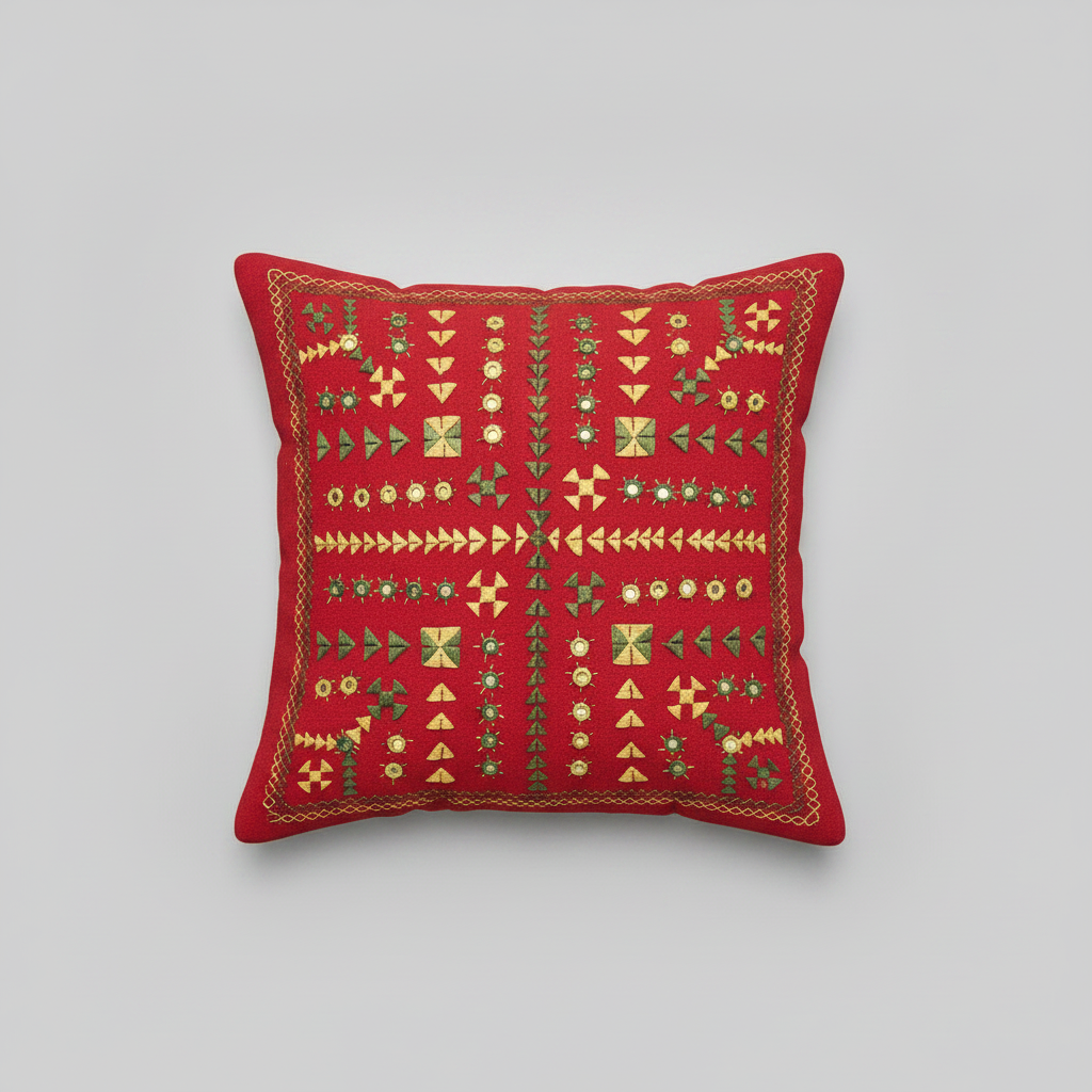 Red fabric square with geometric Kutchi embroidery pattern on a gray background