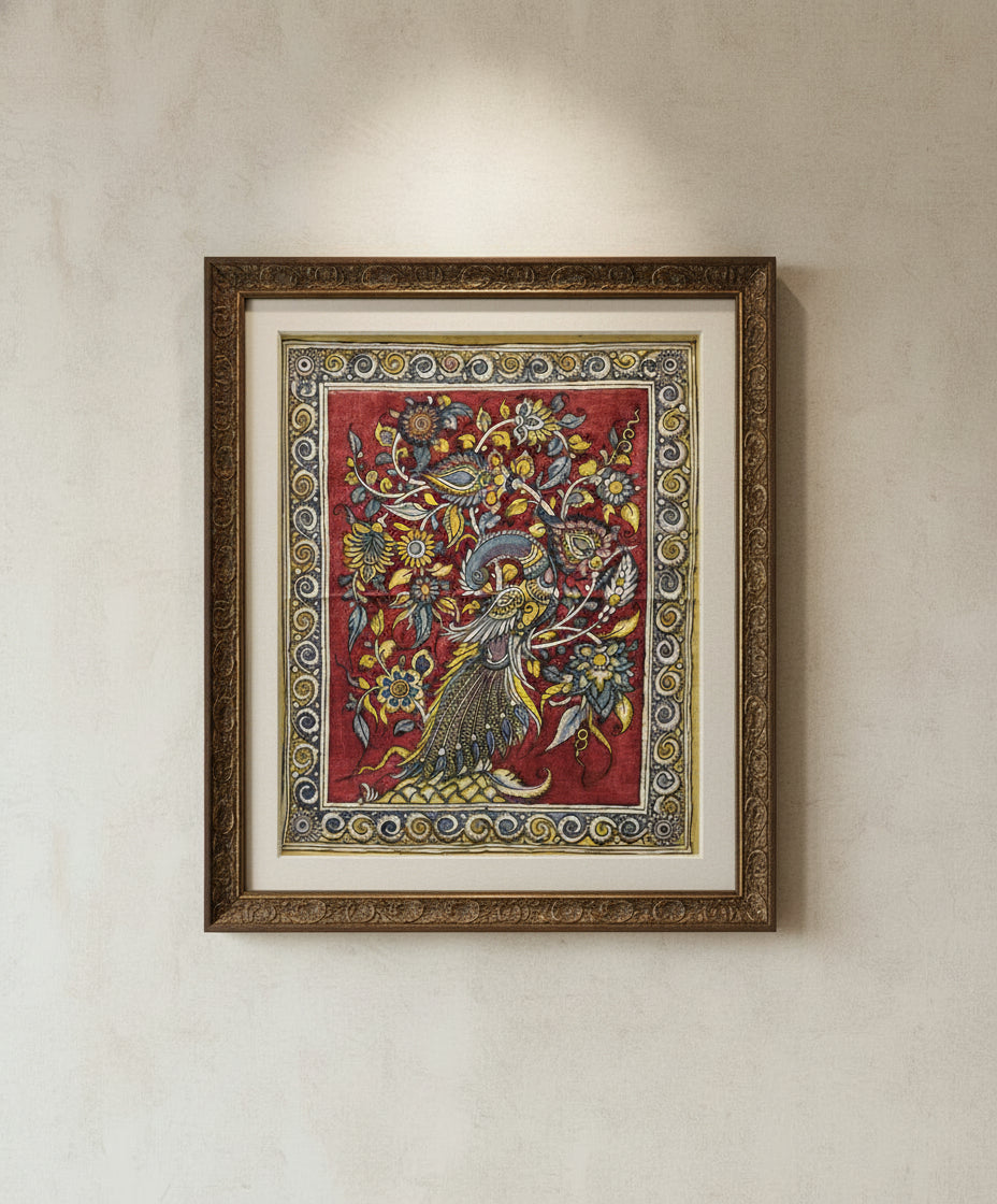 Exquisite SriKalahasti Kalamkari handcrafted artwork, featuring intricate hand-painted designs using natural dyes. A masterpiece of traditional storytelling and heritage craftsmanship from Andhra Pradesh.