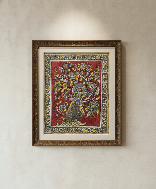 Exquisite SriKalahasti Kalamkari handcrafted artwork, featuring intricate hand-painted designs using natural dyes. A masterpiece of traditional storytelling and heritage craftsmanship from Andhra Pradesh.