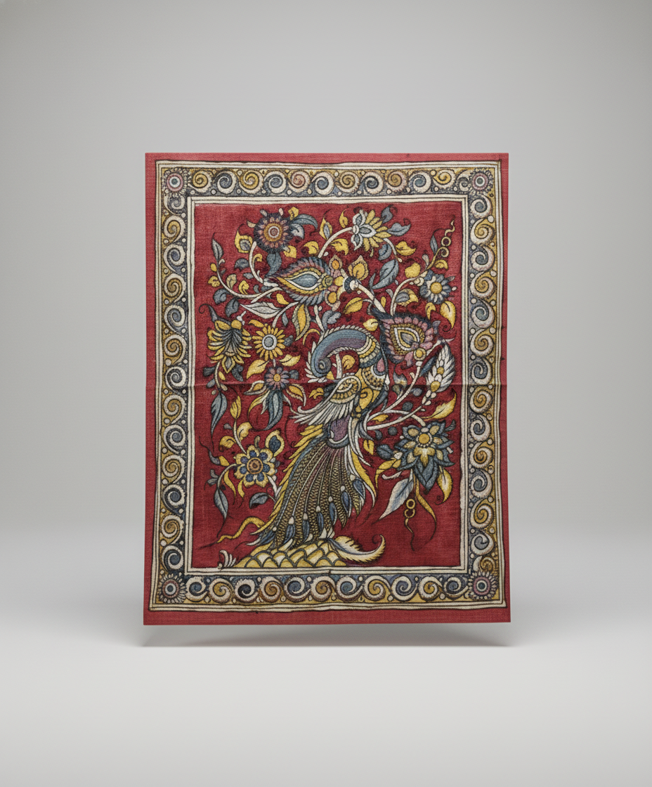 Decorative wall art with floral and figure design on a red background