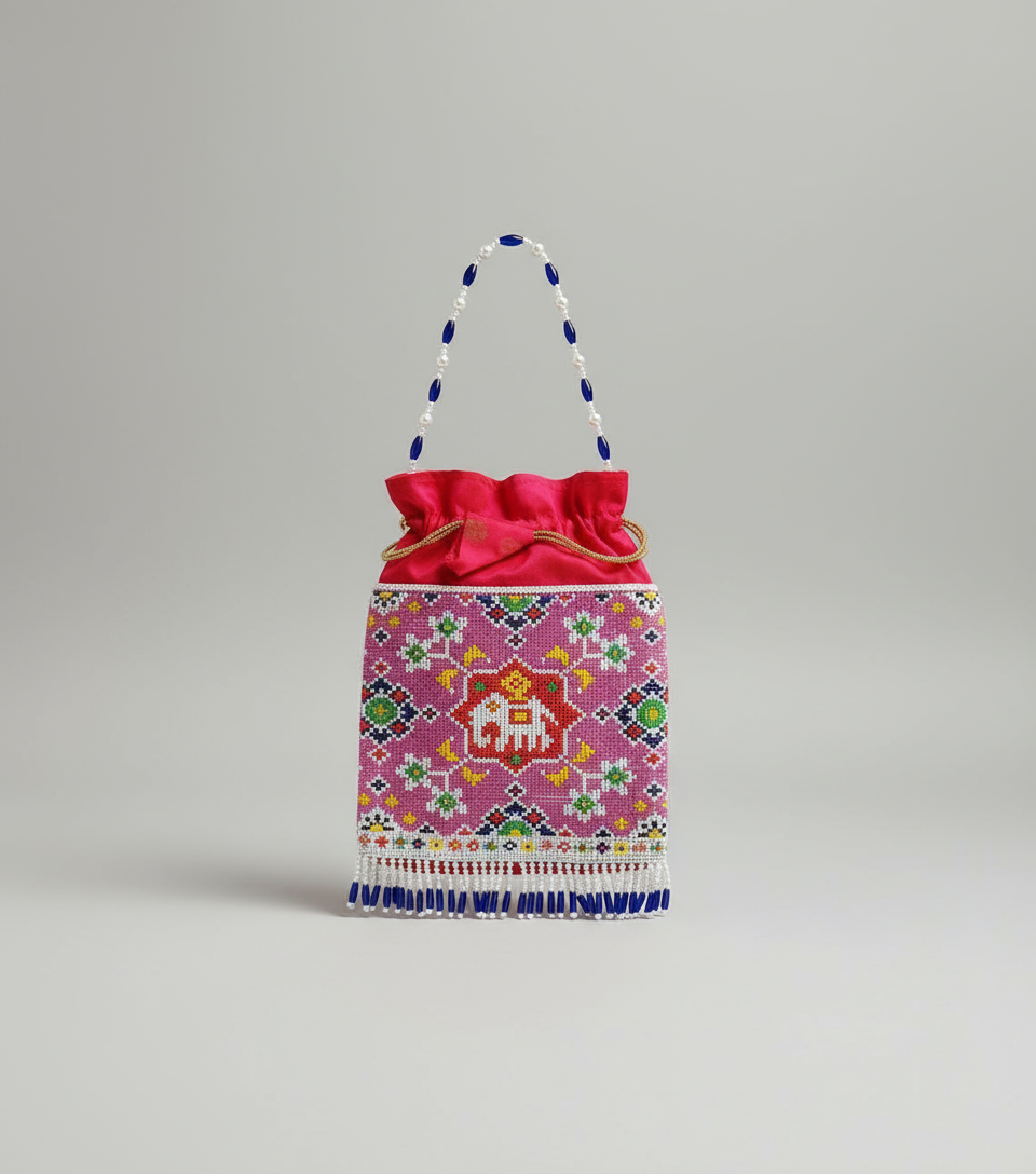 Decorative bag with colorful patterns and an elephant design on a gray background