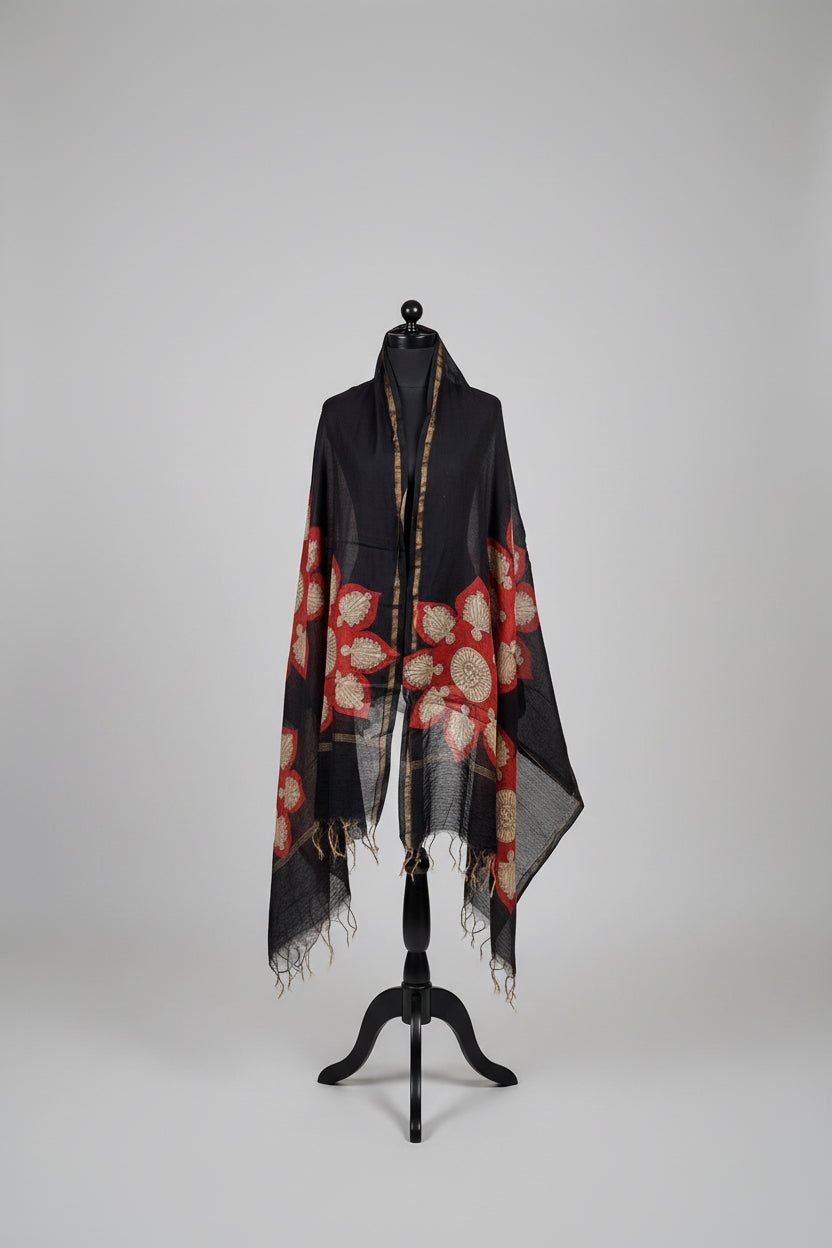 Black scarf with red floral pattern hand painted in Mata ni Pachhedi style art on a mannequin against a white background