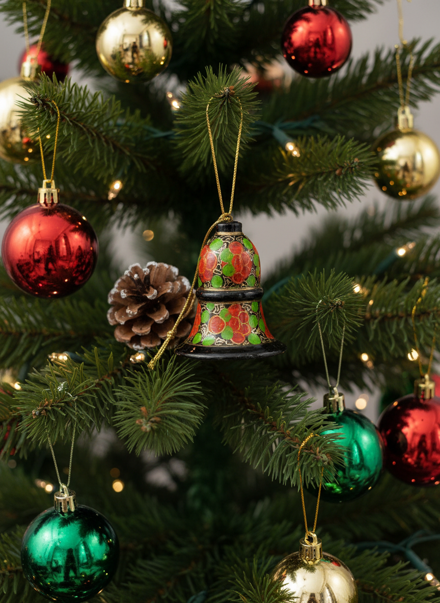 Decorative Christmas ornaments on a tree with red, green, and gold colors.