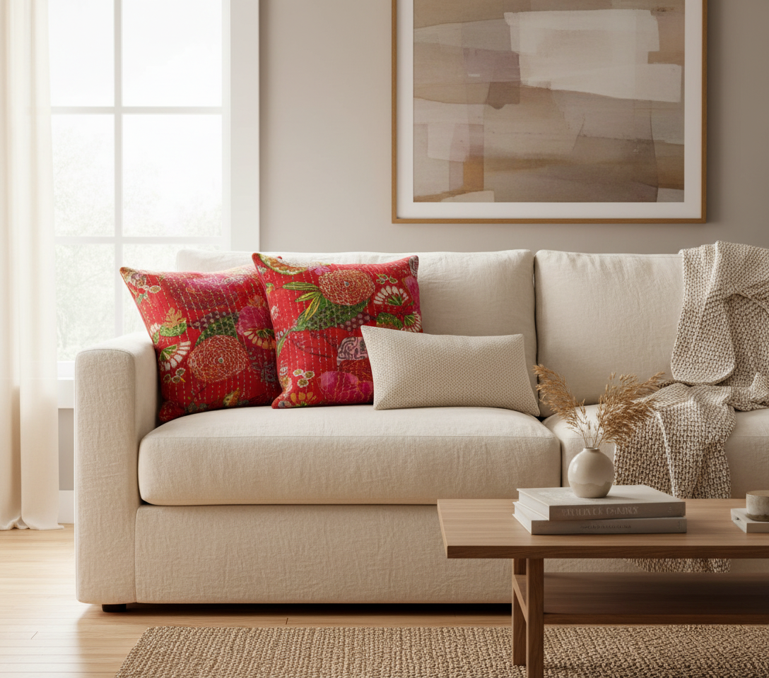 Beige sofa with decorative pillows in a living room setting