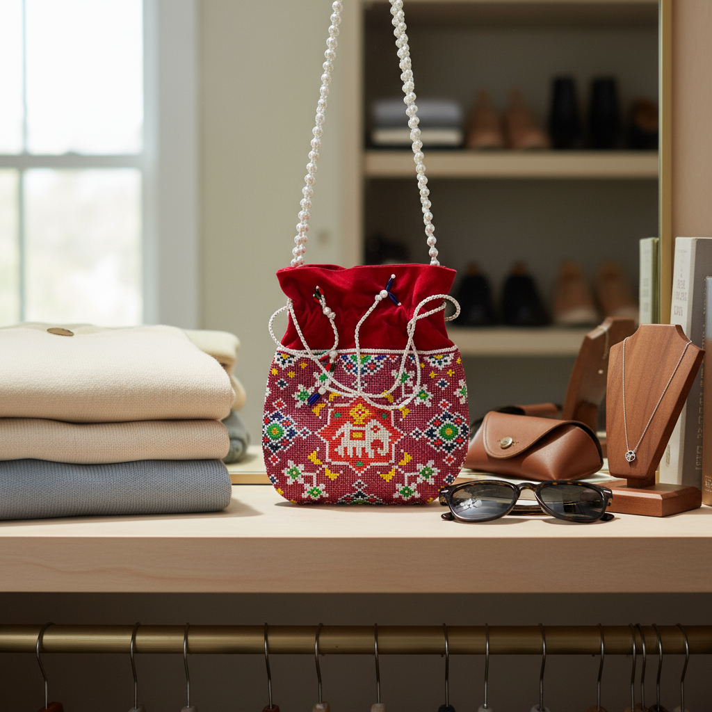 Red embroidered bag on a shelf with folded clothes and sunglasses