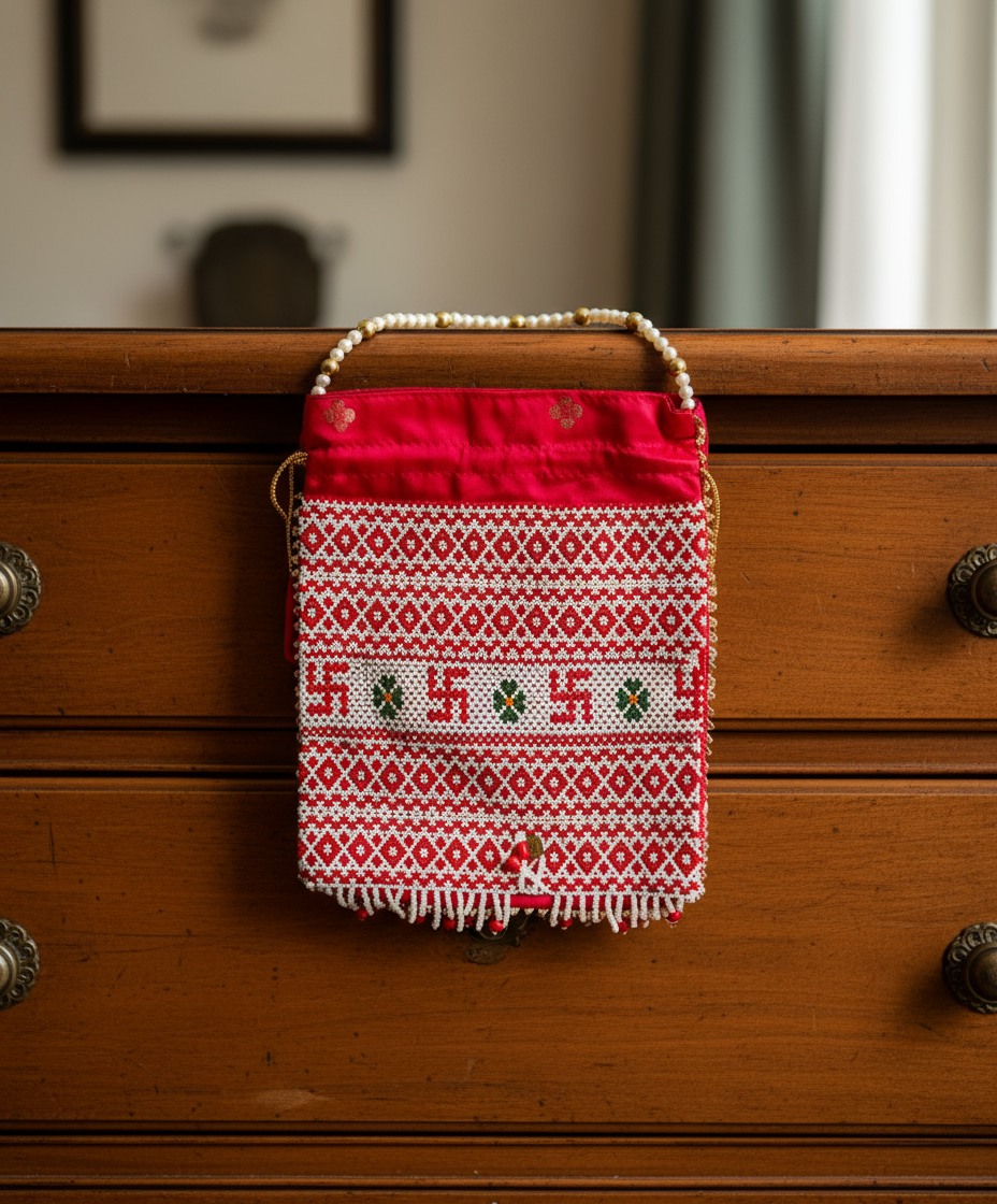 Small red and white embroidered bag hanging on a wooden drawer.