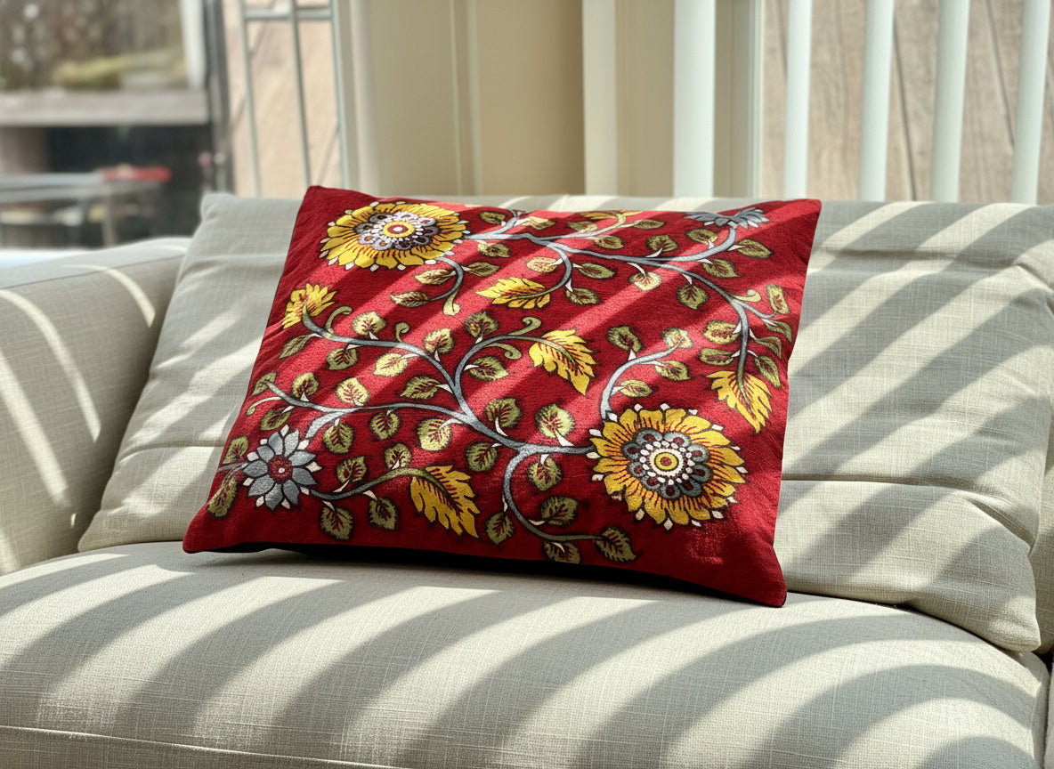 A set of artisanal Kalamkari hand-painted cushion covers with vibrant and intricate patterns laid out on a surface.