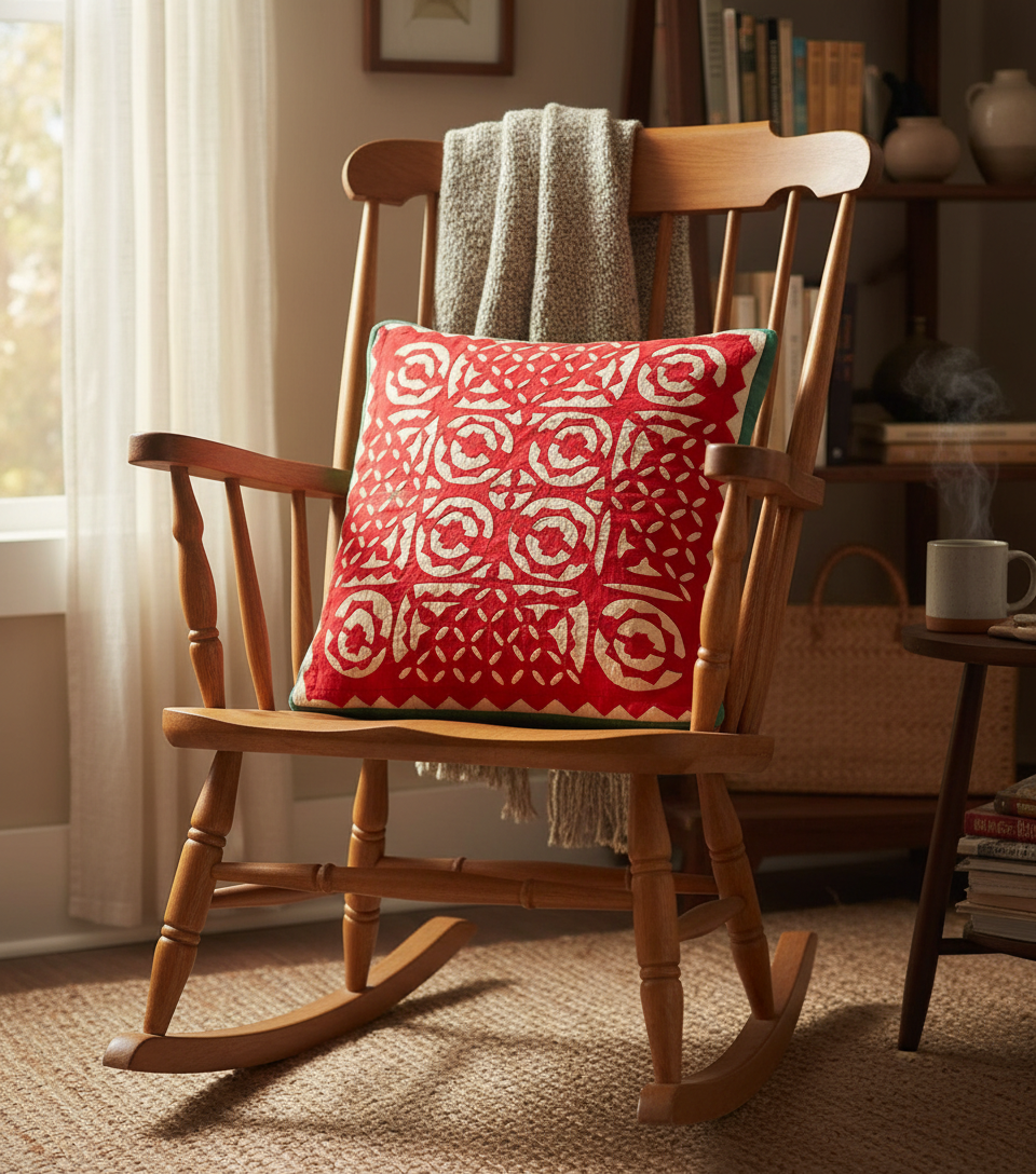 Wooden rocking chair with a red patterned pillow in a cozy room.