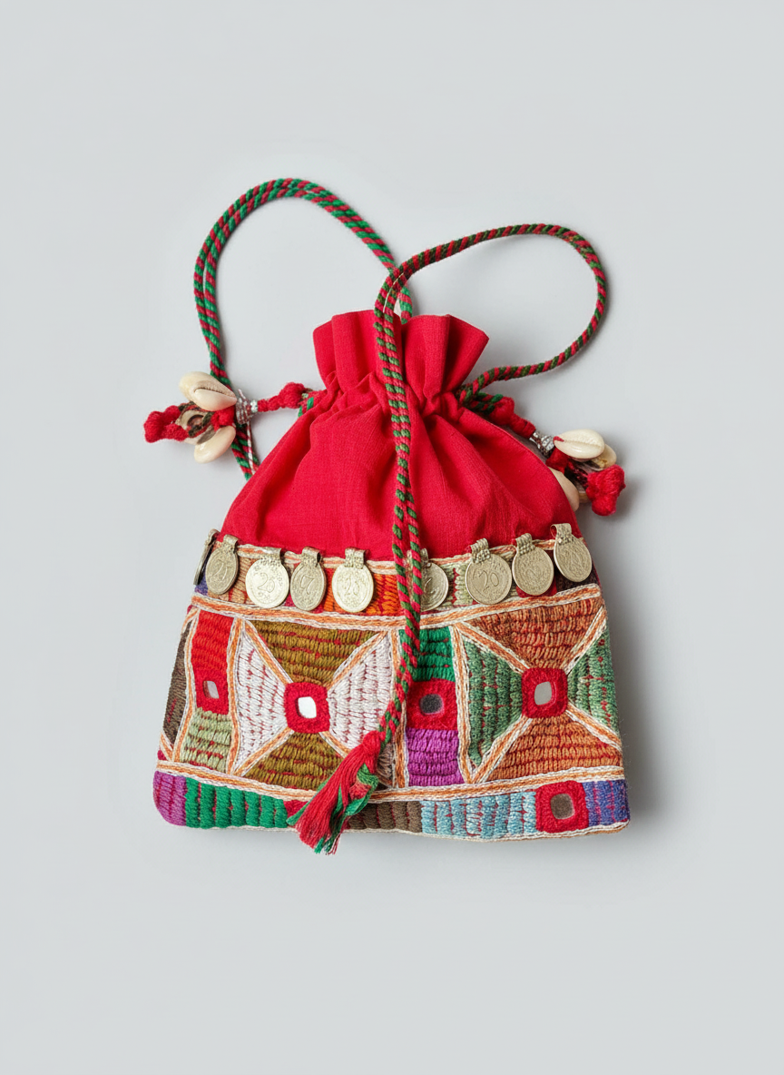 Colorful embroidered drawstring bag on a light gray background