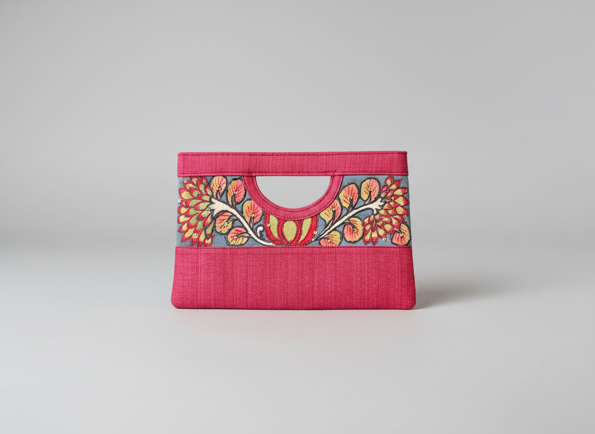 Red Maroon raw silk hand painted Kalamkari clutch bag
