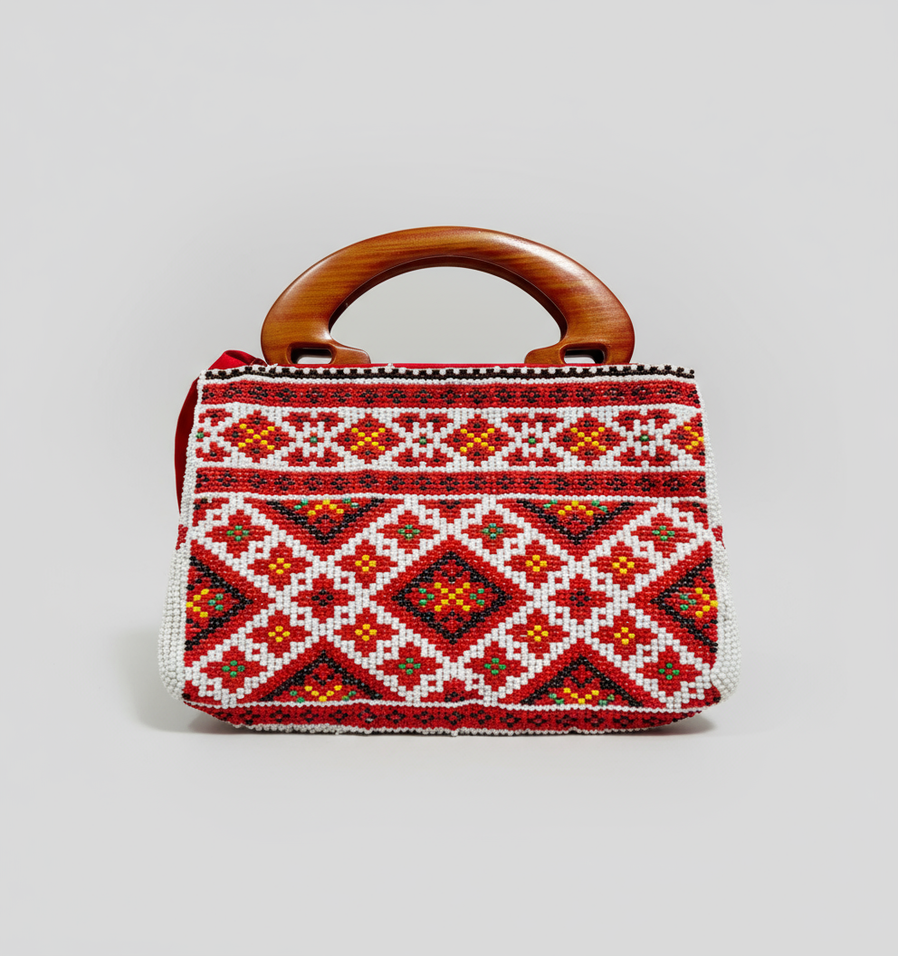 Handbag with geometric pattern and wooden handle on a light gray background