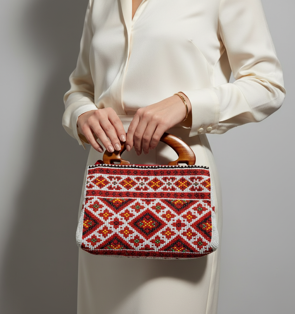Person holding a handbag with geometric pattern against a neutral background