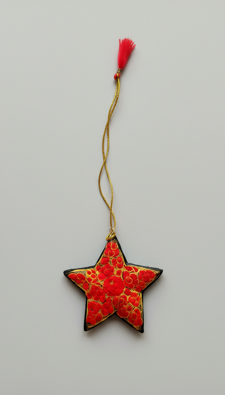 Star-shaped ornament with red pattern and gold thread on a gray background