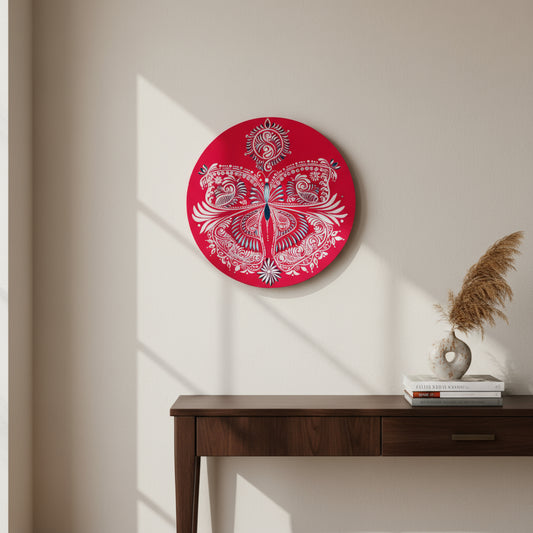 Hand-painted Alpona wall decor plate featuring intricate traditional motifs inspired by Bengali folk art. A stunning blend of cultural heritage and craftsmanship to elevate your home decor.