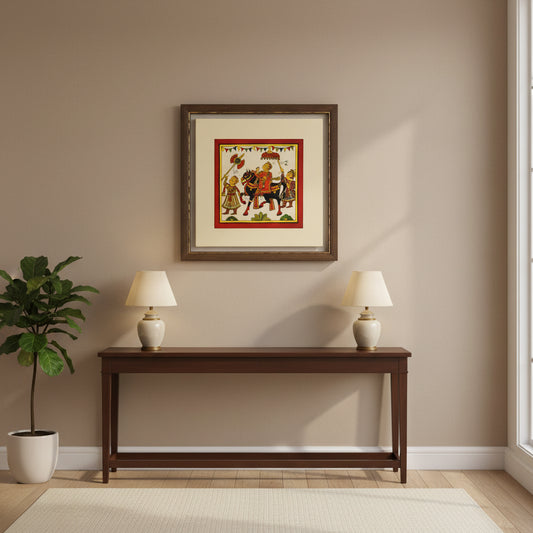 Hand-painted Phad art from Rajasthan, 			vibrant depiction of local legends on fabric scrolls.