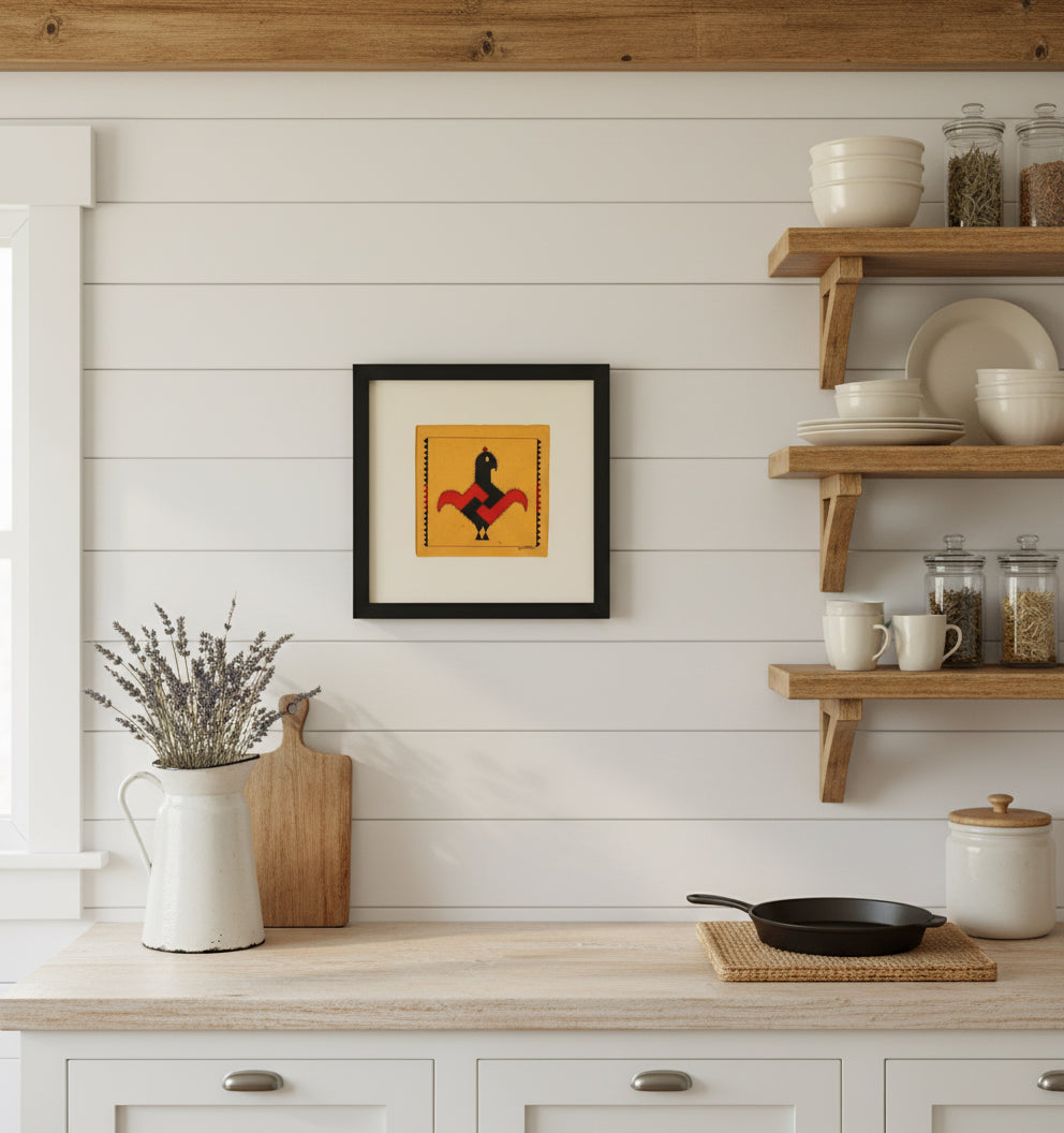 Framed artwork of a rooster design on a yellow background