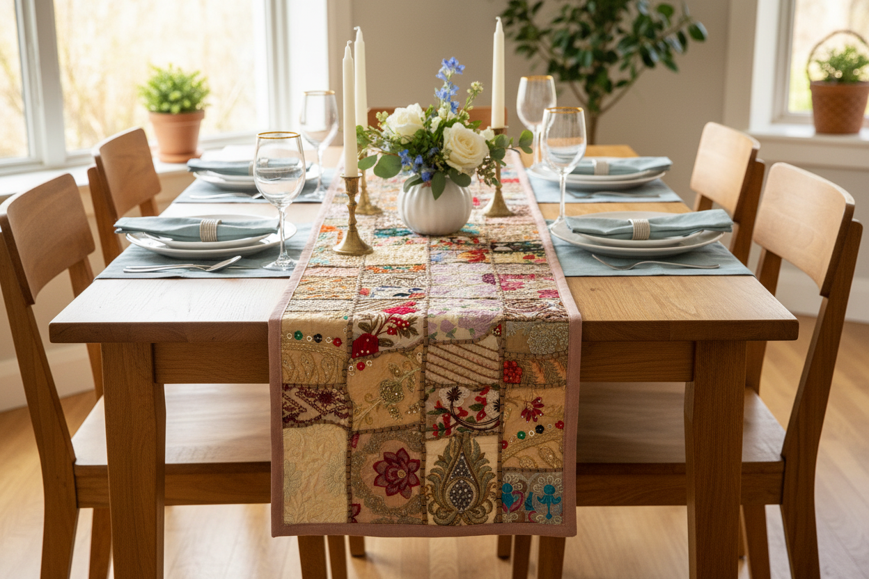 Dining table set with a beige Khambhadia patchwork runner, plates, and chairs in a bright room.