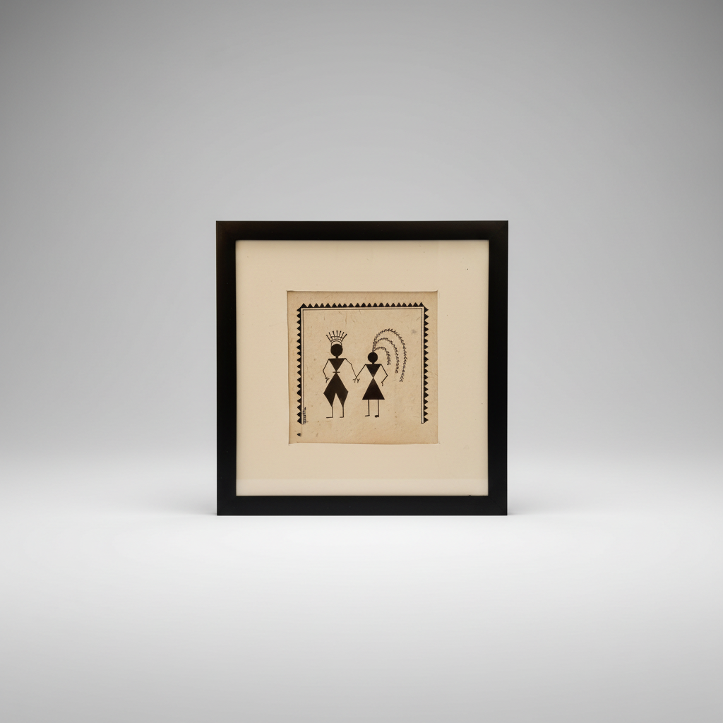 A framed piece of traditional Chittara art  motif hand drawn featuring a black hand-drawn illustration of a couple on a beige background, set in a black frame with a cream mat against a neutral gray background.