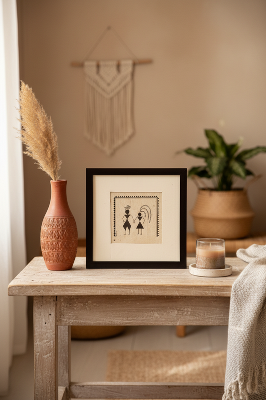 A framed Chittara art motif hand drawn with a black frame and beige background, featuring a simple black line drawing of two figures, styled on a rustic wooden table next to a terracotta vase with pampas grass and a candle.