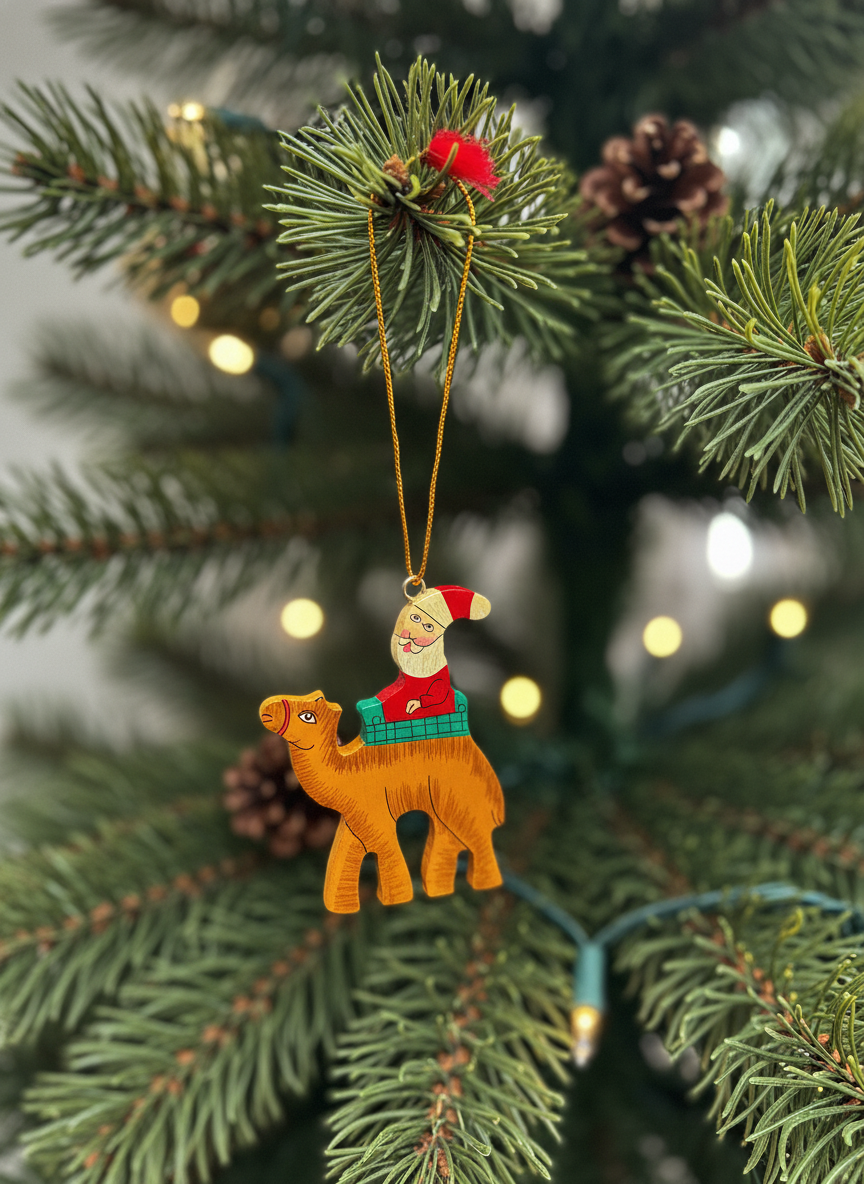 Decorative Christmas ornament of a camel with a Santa hat hanging on a Christmas tree.