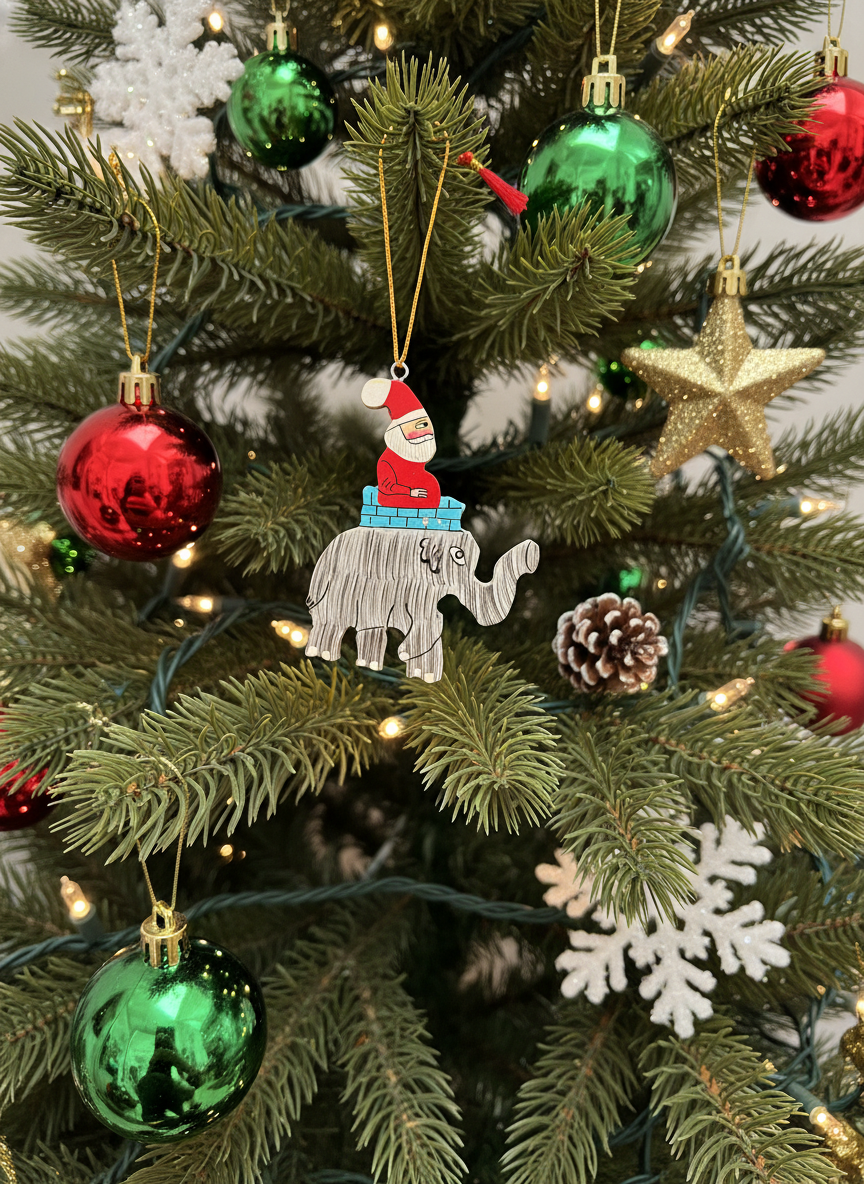 Decorative Christmas tree with ornaments including a Santa clause on an elephant, green and red balls, and gold star.
