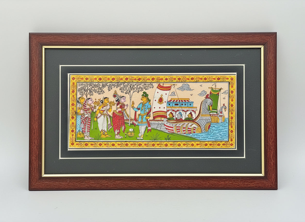 Framed artwork depicting a traditional scene with figures and a boat, framed in brown with a gray mat.