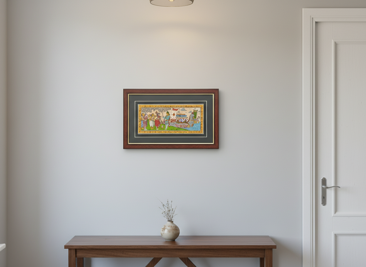 Framed artwork on a wall above a wooden table with a vase.
