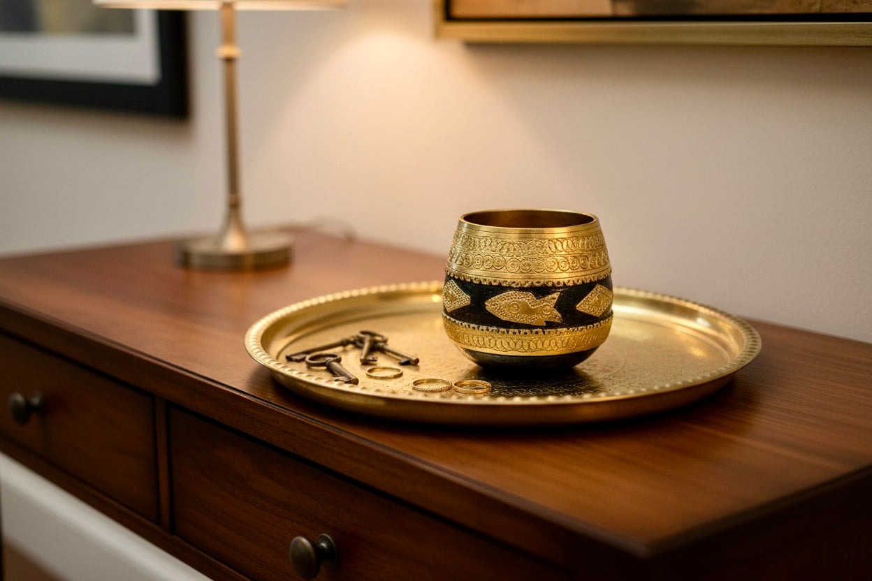 A small ornate brass-toned Sherpai bowl with black decorative bands sits on a matching round gold tray placed on a wooden dresser in a warmly lit room.