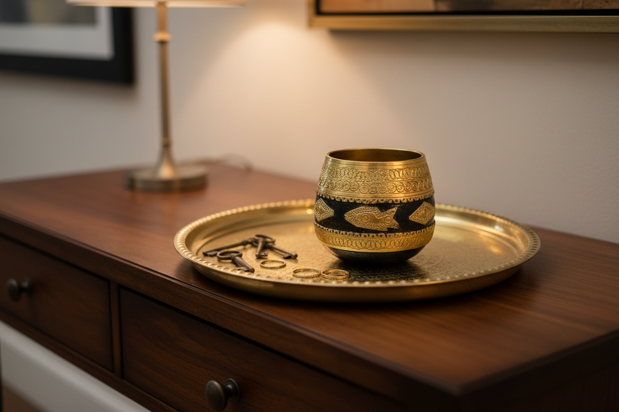An ornate gold-toned Sherpai wood small bowl with black decorative bands sits on a matching round gold tray on a wooden dresser, with a softly blurred lamp in the background.