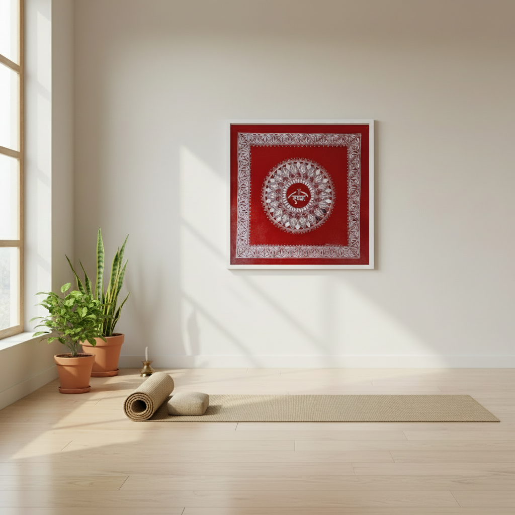 Yoga mat and rolled-up mat in a room with a red and white patterned tapestry on the wall.
