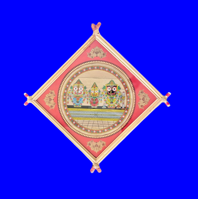 Decorative wall art with a red and gold border on a blue background