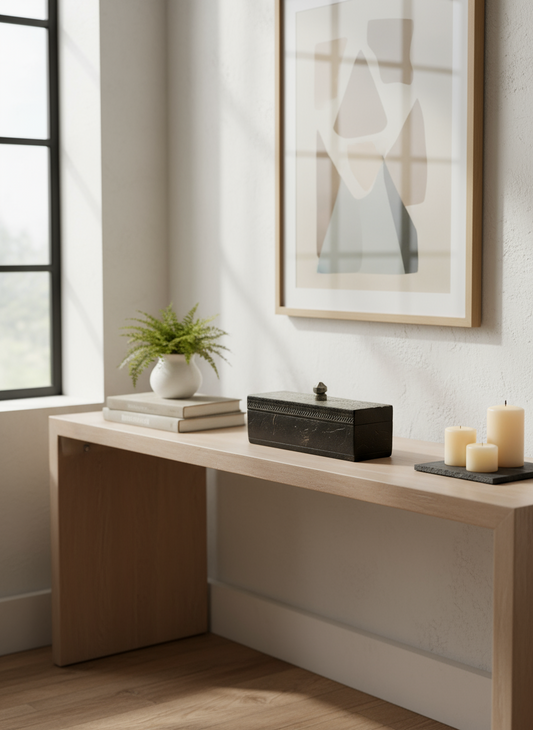Modern interior with a wooden console table, a wooden box with lid in the center, books, a plant, and candles against a neutral wall.