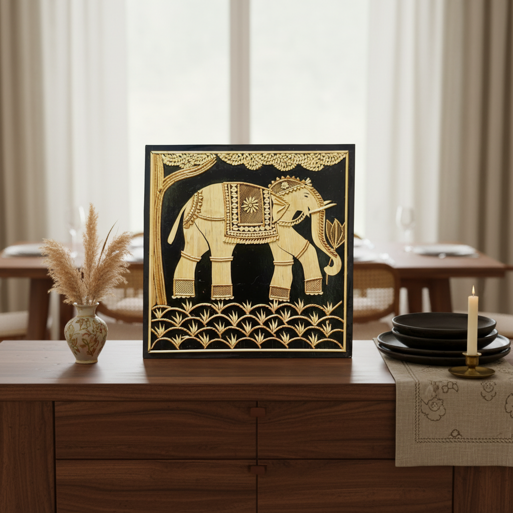 Decorative elephant wall art on a wooden surface with a blurred background