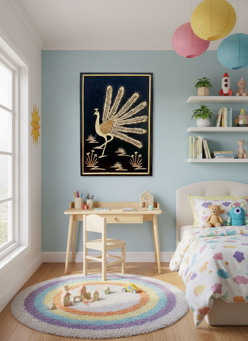 Children's room with a desk, colorful rug, and wall art.