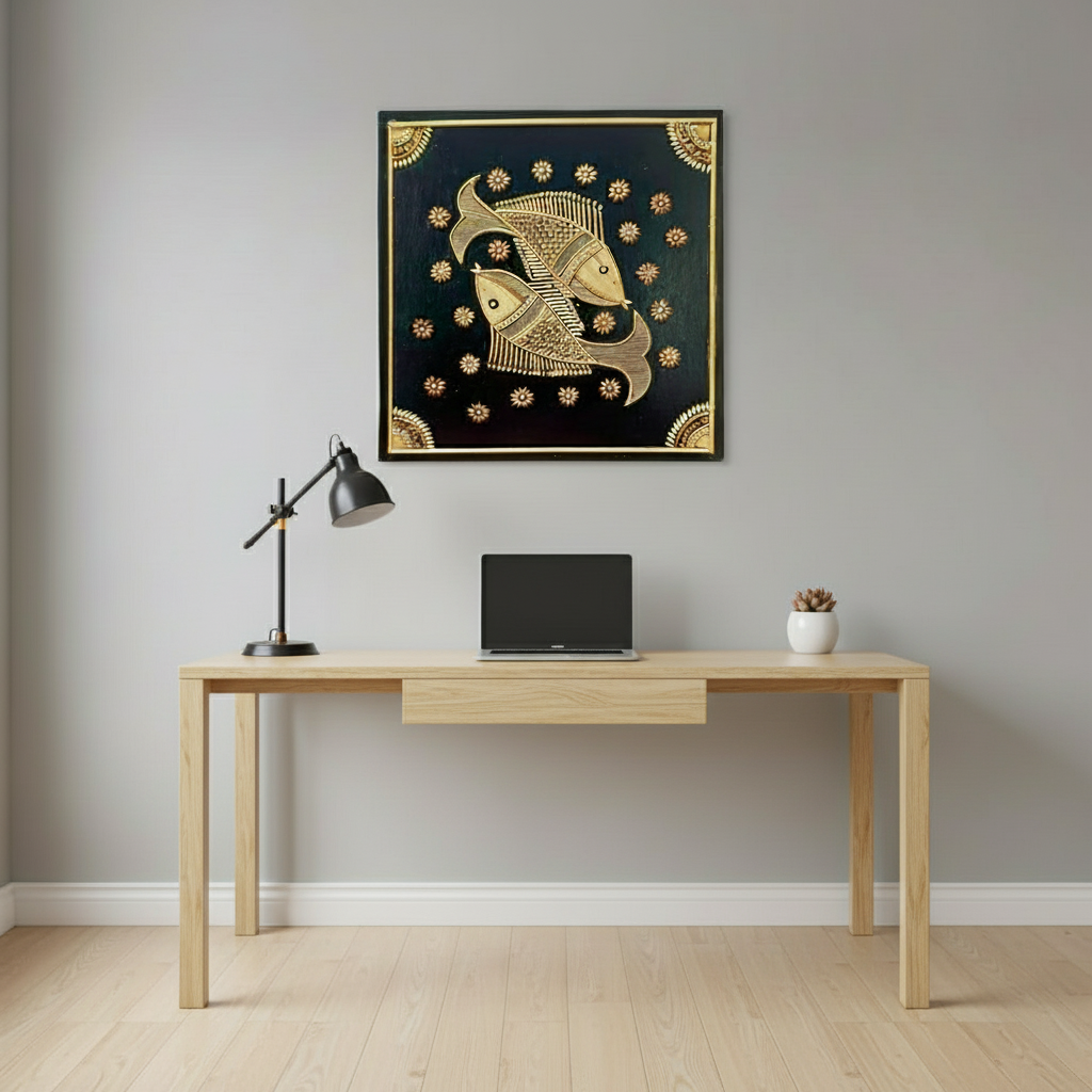 Modern office setup with a desk, laptop, lamp, and decorative wall art.