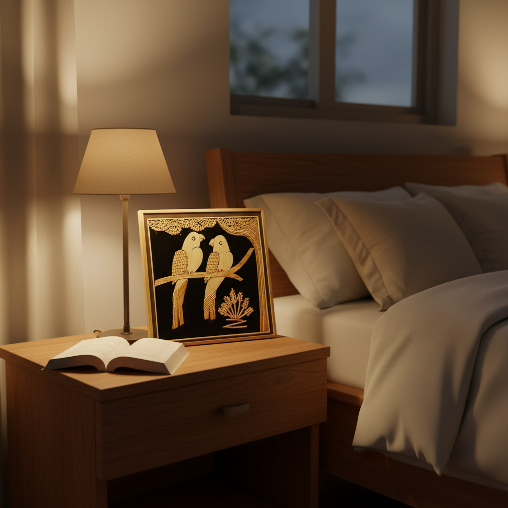 Napkin with bird design on a wooden nightstand next to a bed in a dimly lit room.