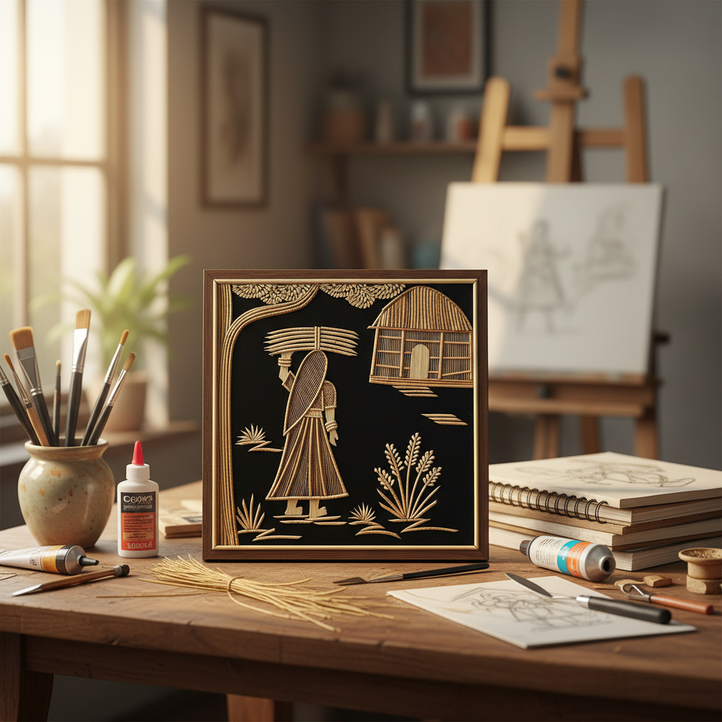 Framed artwork on a wooden table with art supplies in a studio setting