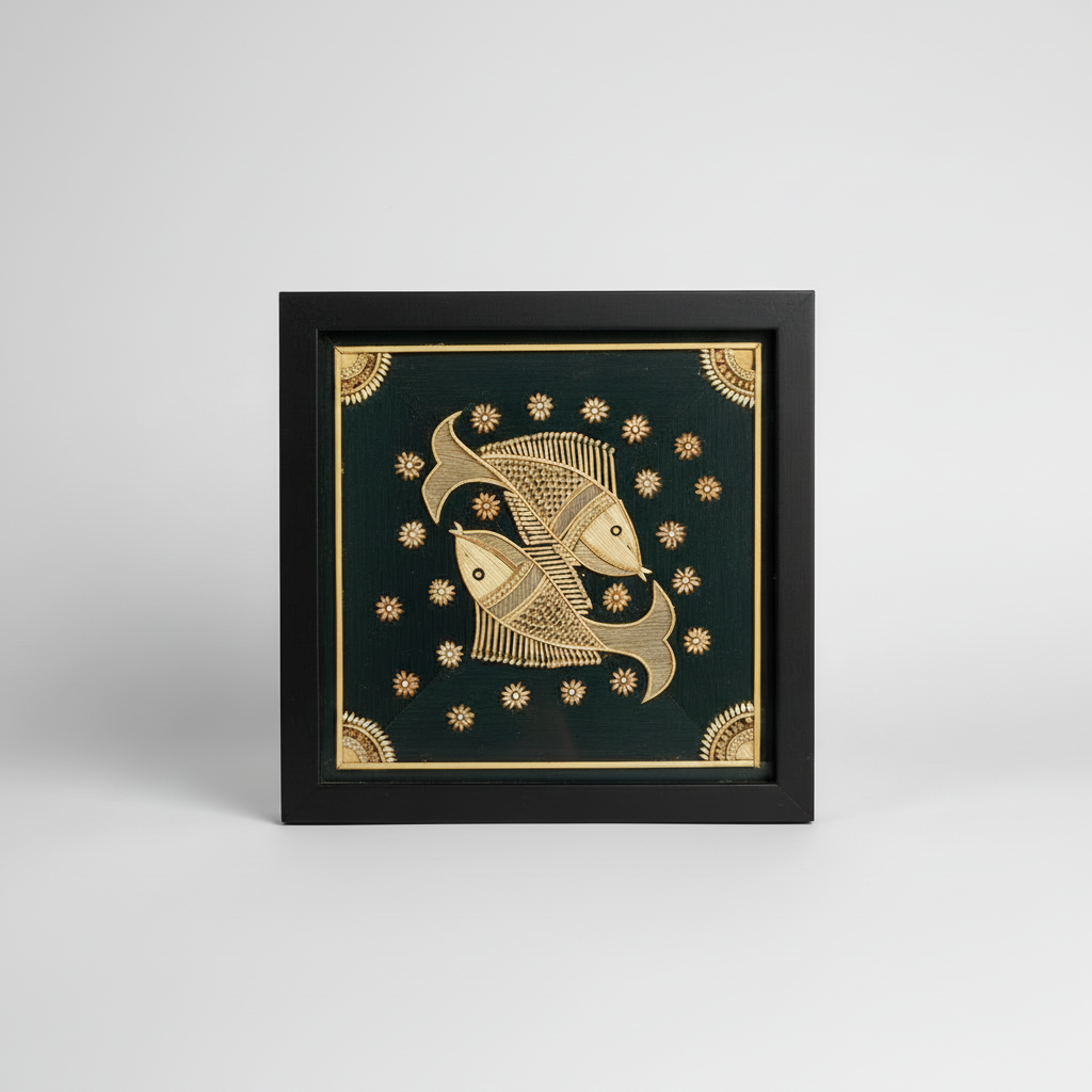 A square framed Sikki art featuring a gold fish design made with Sikki grass on a dark green background, set in a black frame against a light gray studio backdrop.