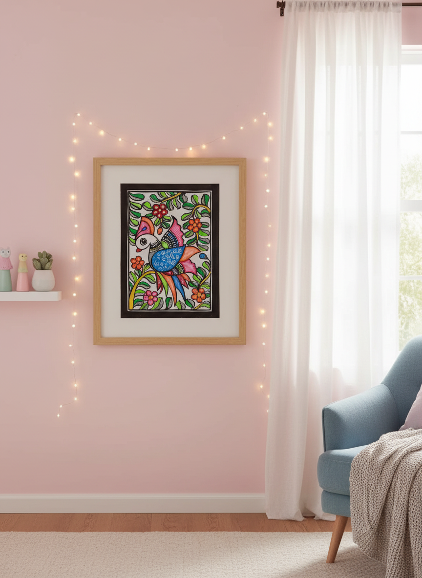 Colorful framed artwork on a pink wall with string lights and a blue chair.