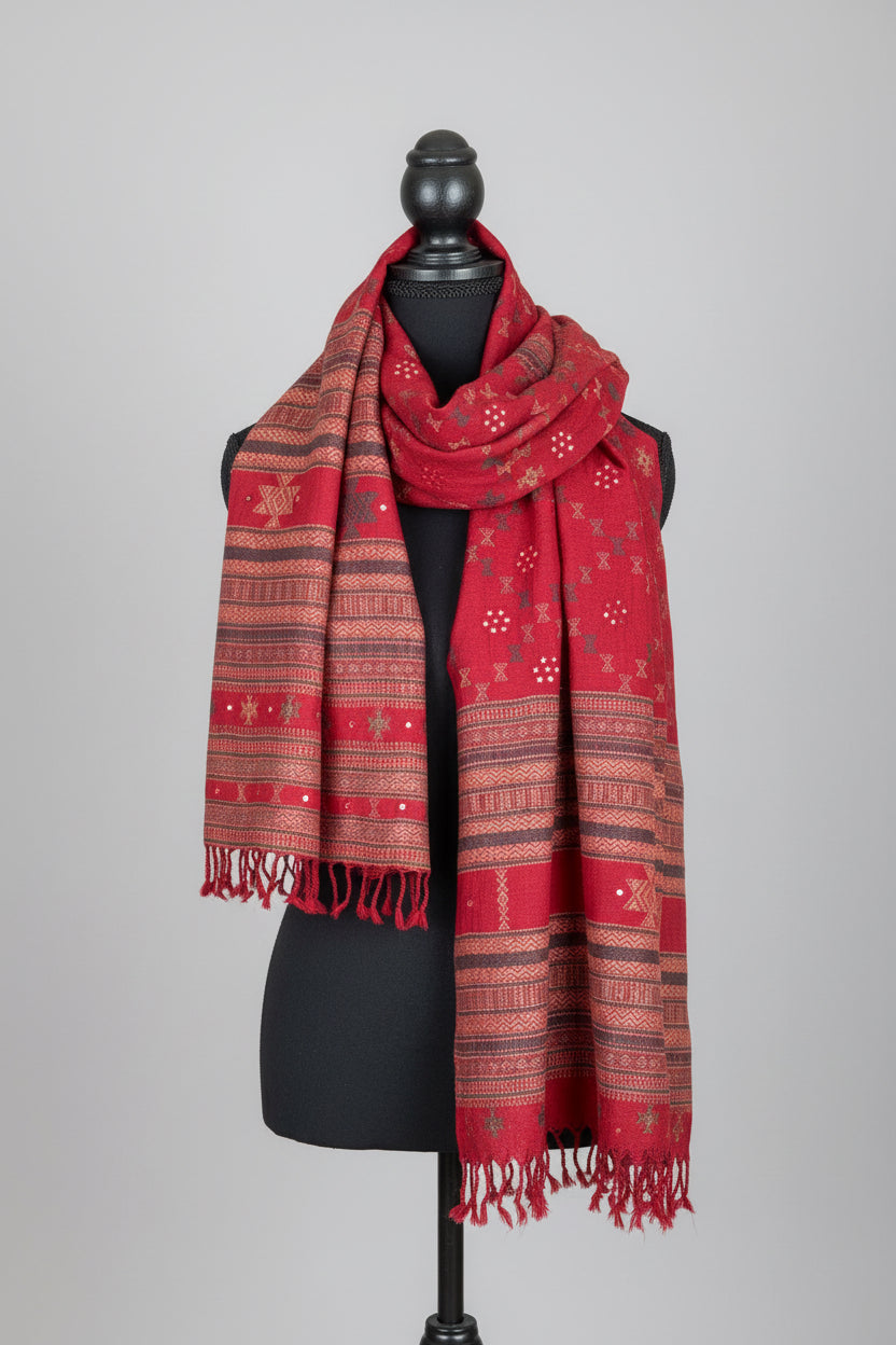 Red Soof embroidered patterned scarf on a mannequin against a gray background