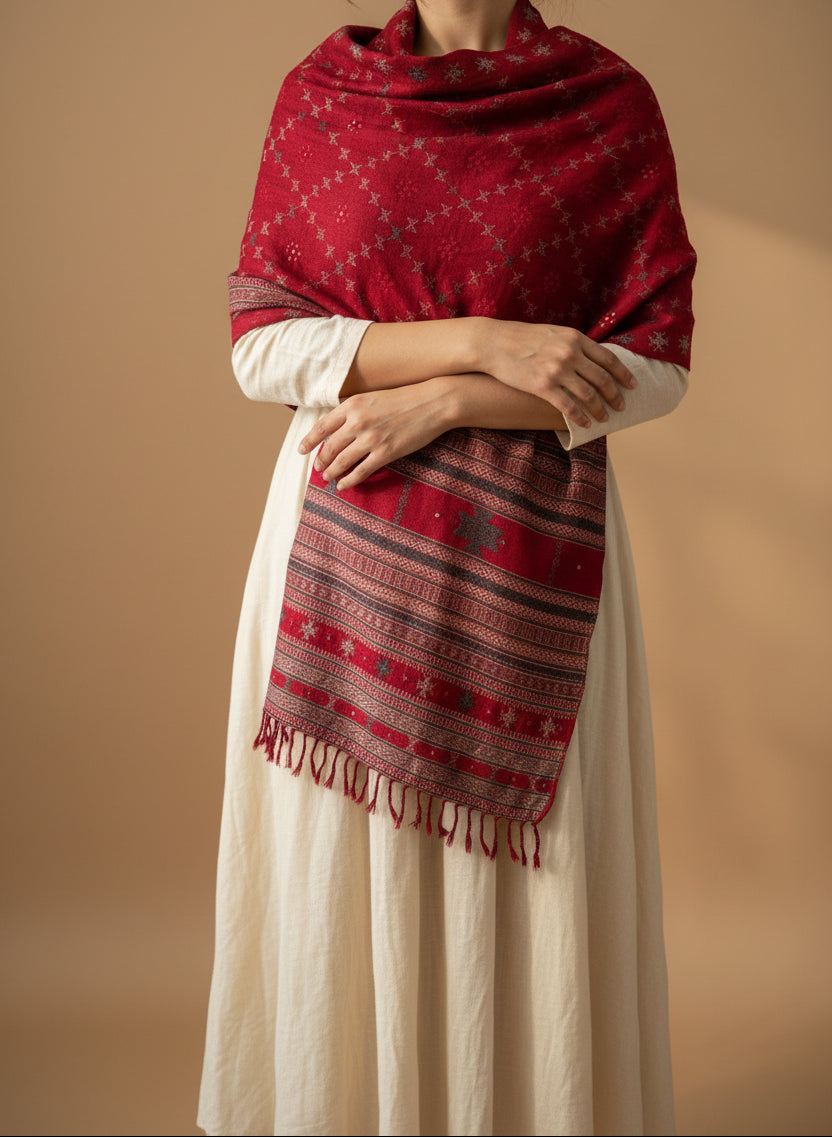 Person wearing a red Soof hand embroidered shawl over a beige background