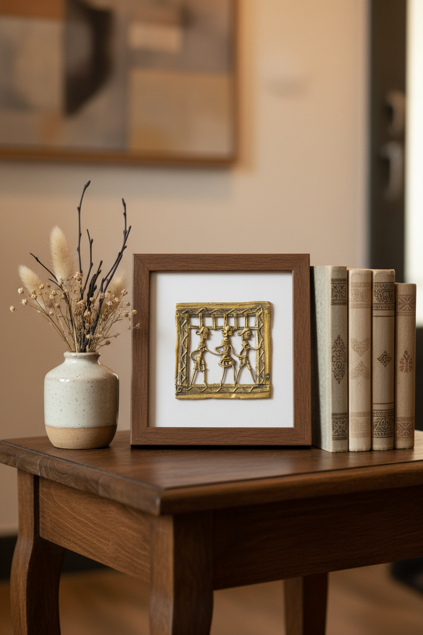 A square framed wall art piece with a gold-toned brass Dhokra sculpture of three figures on a white mat, displayed on a wooden table next to a ceramic vase with dried grasses and a row of vintage books.